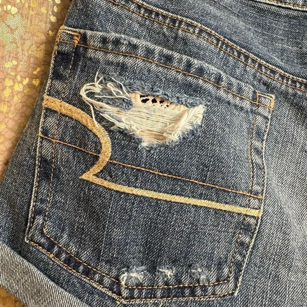 American Eagle Hi Rise Crochet Pocket Boho Distressed Festival Shorts 10